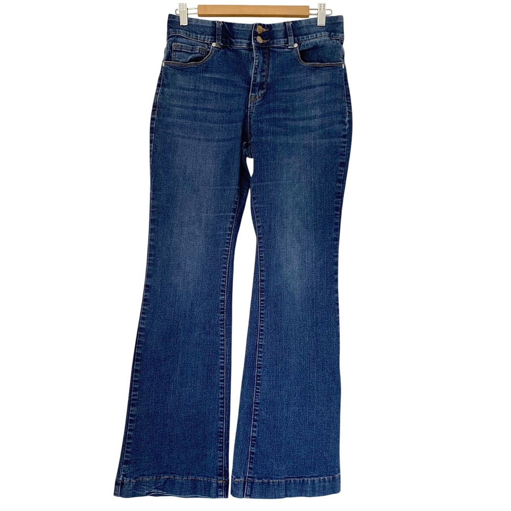 Indigo Poppy Bootcut Jeans Women 10 Blue Dark Wash Elastic Waist Flare 70s Boho